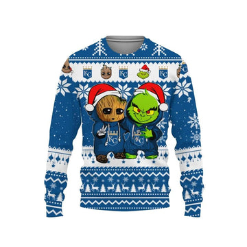 Kansas City Royals Baby Groot And Grinch Best Friends Ugly Christmas Sweater, MLB Christmas Sweater Moonbestprint