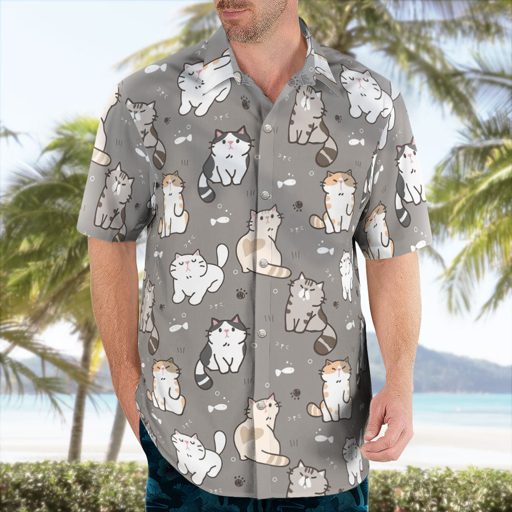 Kawaii Cat Pattern Button Up Gray Hawaiian Shirt – Moonbestprint