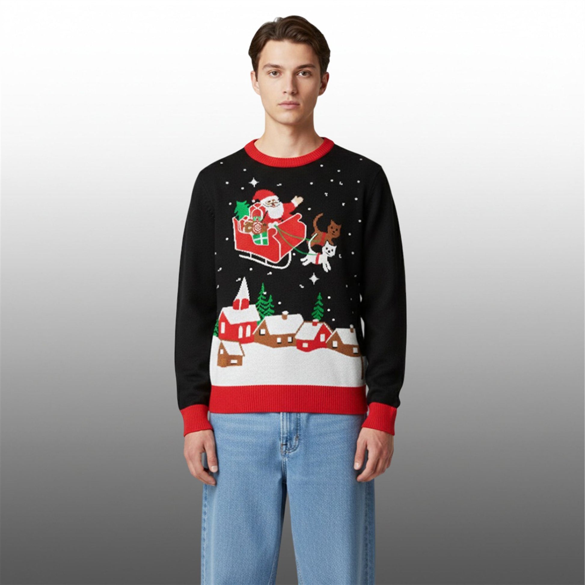 Kevin Jonas Meowy Christmas Sleigh Light Up Ugly Christmas Sweater - Moonbestprint