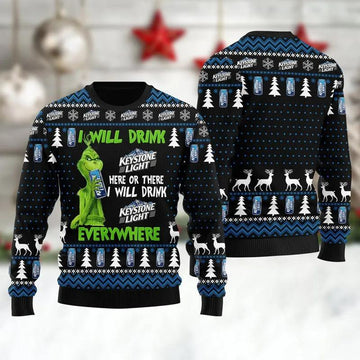 Keystone Light Grinch Will Drink Everywhere Ugly Sweater, Grinch Holiday Sweater Moonbestprint