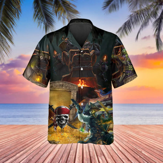 King Pirates Team Skull Hawaiian Shirt, Hawaiian Button Up Shirt, Tropical Shirts For Men Moonbestprint