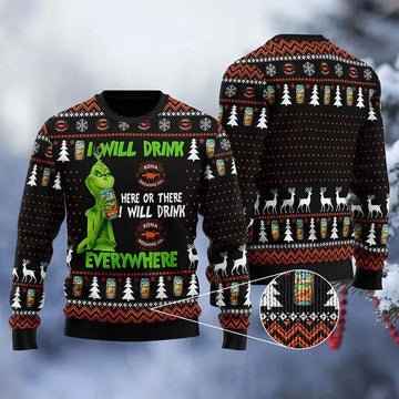Kona Brewing Grinch Will Drink Everywhere Ugly Sweater, Grinch Holiday Sweater Moonbestprint
