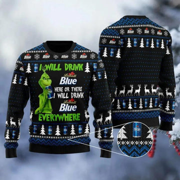 Labatt Blue Grinch Will Drink Everywhere Ugly Sweater, Grinch Holiday Sweater Moonbestprint