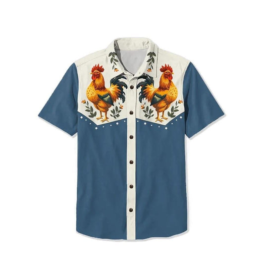LarryOConnor Vintage Cute Chicken With Animal Print Short Sleeve Casual Shirt - Moonbestprint