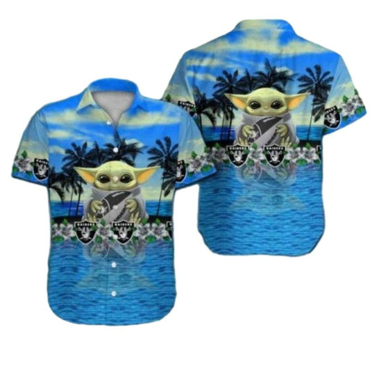 Las Vegas Raiders Baby Yoda And Tropical Vibes Hawaiian Shirt - Moonbestprint
