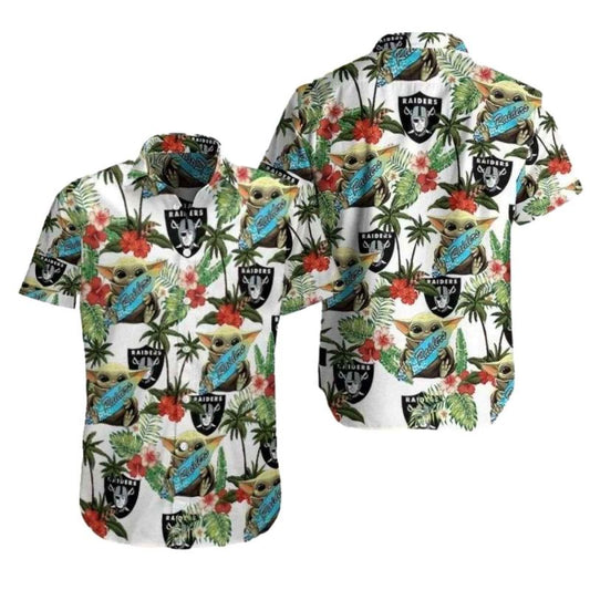 Las Vegas Raiders Baby Yoda Hug Logo Tropical Hawaiian Shirt - Moonbestprint