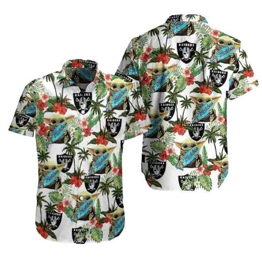Las Vegas Raiders Baby Yoda Hug Logo Tropical Hawaiian Shirt - Moonbestprint