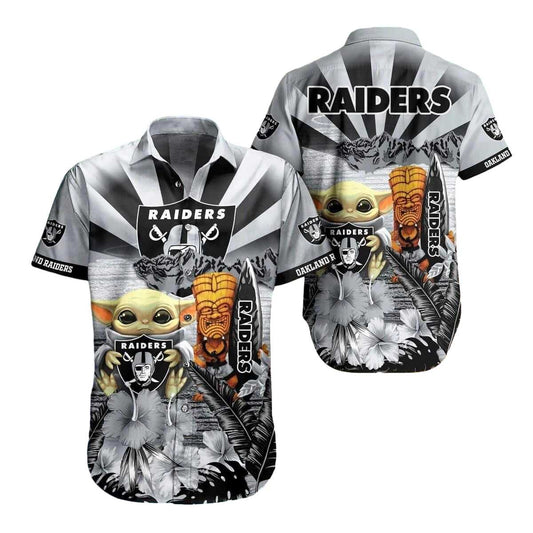 Las Vegas Raiders Baby Yoda Tiki Hibiscus Sunburst Hawaiian Shirt - Moonbestprint