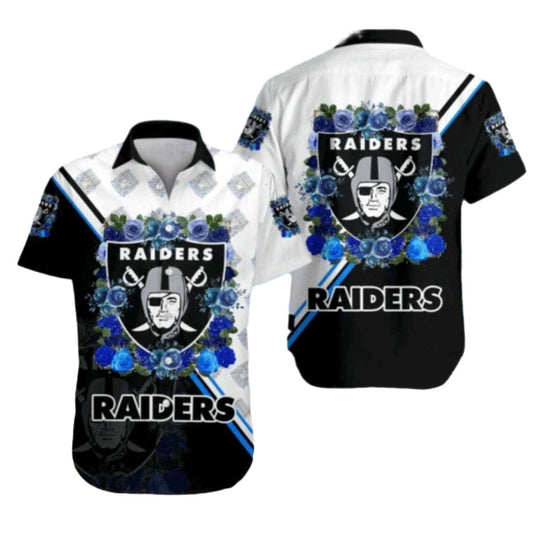 Las Vegas Raiders Blue Roses And Bold Black White Hawaiian Shirt - Moonbestprint