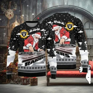 Las Vegas Raiders Christmas Fun Santa DJ Ugly Christmas Sweater, NFL Chritsmas Sweater Moonbestprint