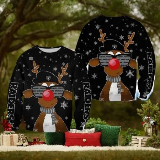 Las Vegas Raiders Christmas Reindeer Sunglasses Mittens Ugly Christmas Sweater, NFL Chritsmas Sweater Moonbestprint