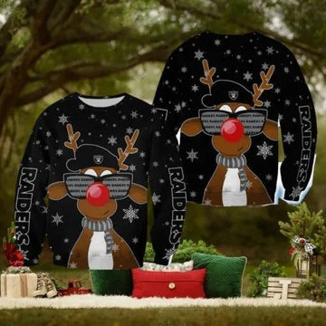 Las Vegas Raiders Christmas Reindeer Sunglasses Mittens Ugly Christmas Sweater, NFL Chritsmas Sweater Moonbestprint