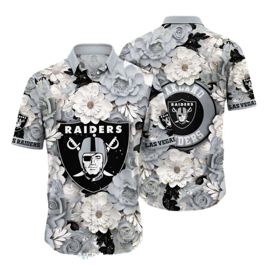 Las Vegas Raiders Chrysanthemum White And Gray Hawaiian Shirt - Moonbestprint