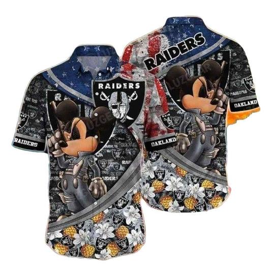 Las Vegas Raiders Cool Mickey And Us Flag Tropical Hawaiian Shirt - Moonbestprint