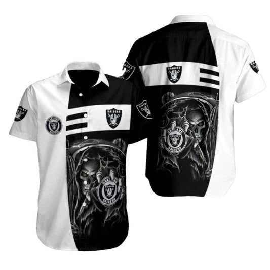 Las Vegas Raiders Dead Skull Hold Logo Black And White Hawaiian Shirt - Moonbestprint