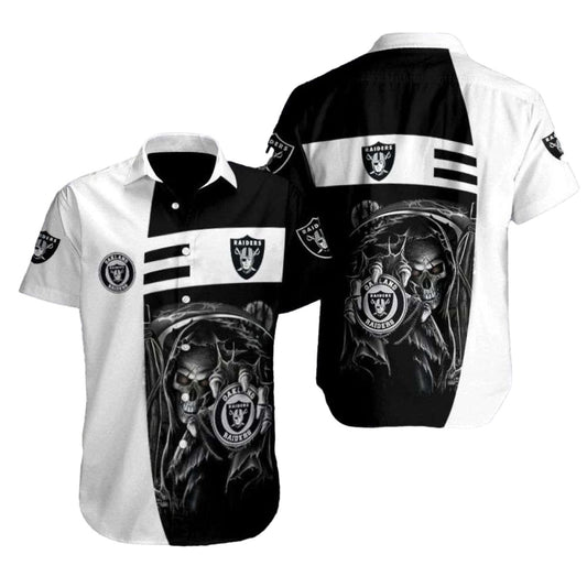 Las Vegas Raiders Dead Skull Hold Logo Black And White Hawaiian Shirt - Moonbestprint