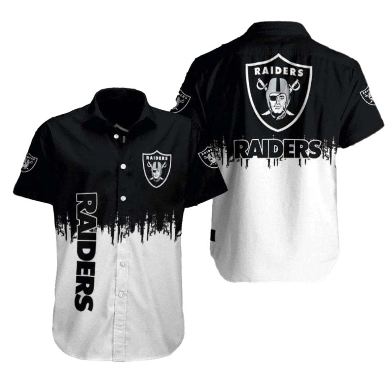 Las Vegas Raiders Fade To Black Grunge Style Black And White Hawaiian Shirt - Moonbestprint
