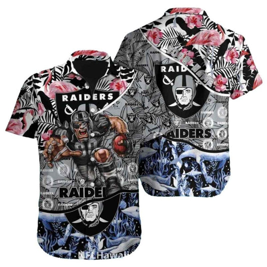 Las Vegas Raiders Floral And Shark Ocean Mascot Hawaiian Shirt - Moonbestprint