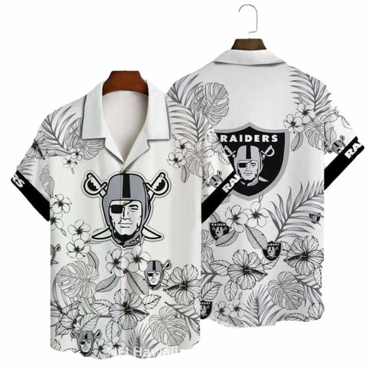 Las Vegas Raiders Floral Sketch White Aloha Hawaiian Shirt - Moonbestprint