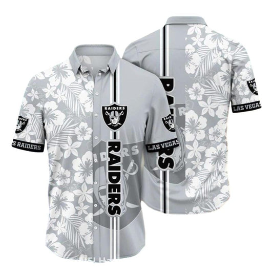 Las Vegas Raiders Gray Floral With Vertical Stripe Hawaiian Shirt - Moonbestprint