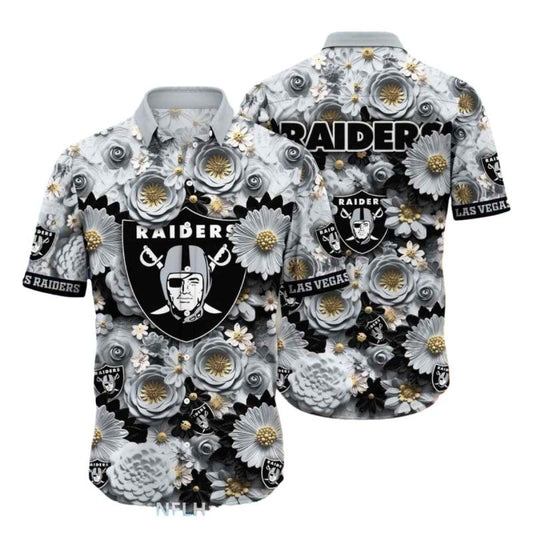 Las Vegas Raiders Gray Rose And Gold Floral Pattern Hawaiian Shirt - Moonbestprint