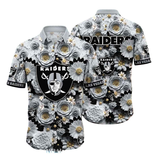 Las Vegas Raiders Gray Rose And Gold Floral Pattern Hawaiian Shirt - Moonbestprint