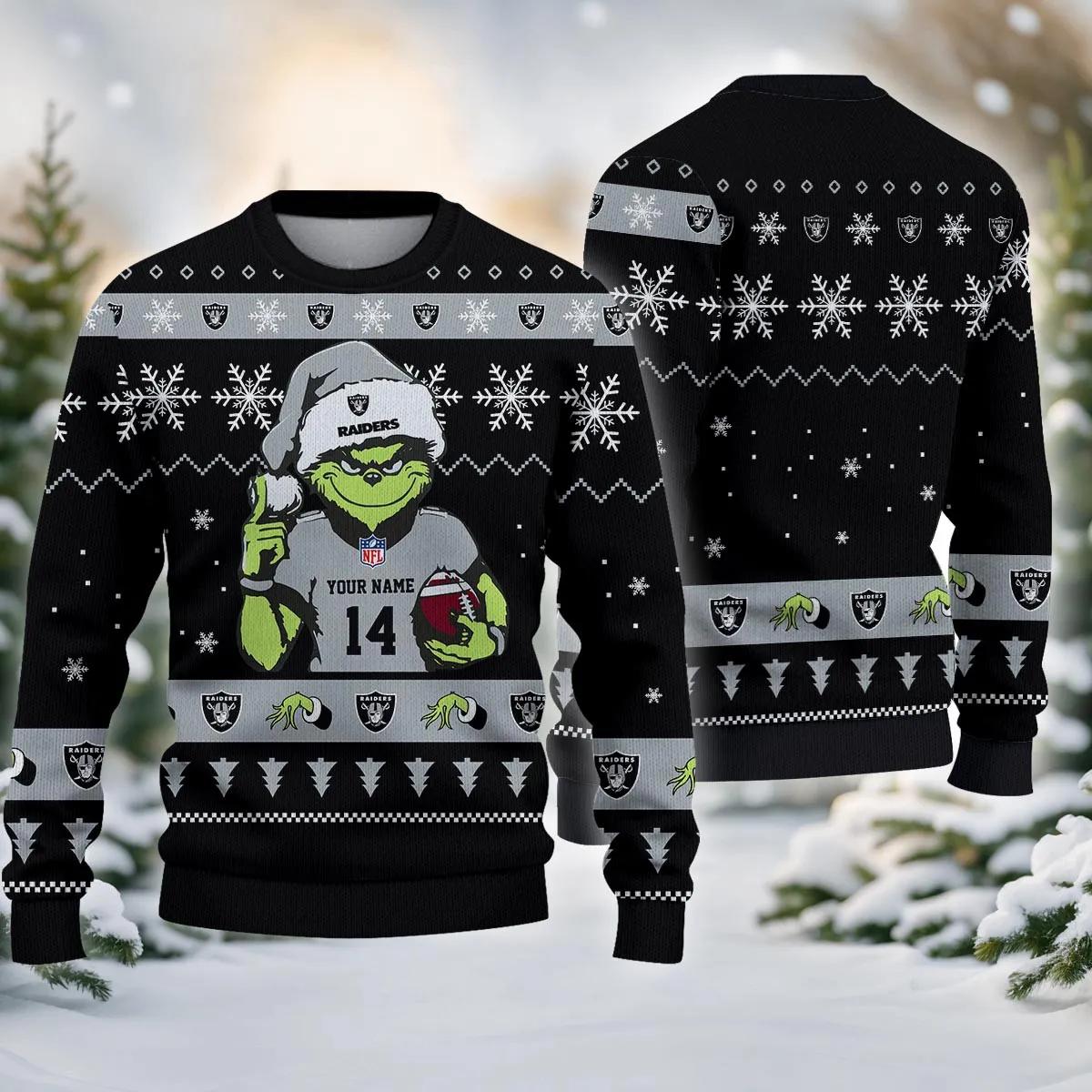 Las Vegas Raiders Grinch Custom Ugly Christmas Sweater, NFL Christmas Sweater Moonbestprint
