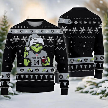 Las Vegas Raiders Grinch Custom Ugly Christmas Sweater, NFL Christmas Sweater Moonbestprint