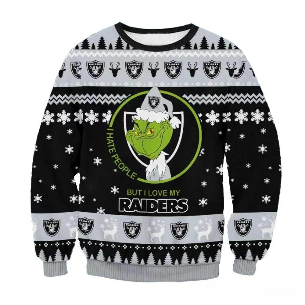 Las Vegas Raiders Grinch I Hate People But I Love My Raiders Nfl Ugly Christmas Sweater, NFL Christmas Sweater Moonbestprint