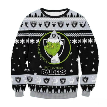 Las Vegas Raiders Grinch I Hate People But I Love My Raiders Nfl Ugly Christmas Sweater, NFL Christmas Sweater Moonbestprint