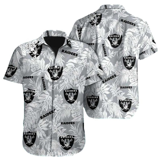 Las Vegas Raiders Logo And Gray Tropical Leaves Hawaiian Shirt - Moonbestprint