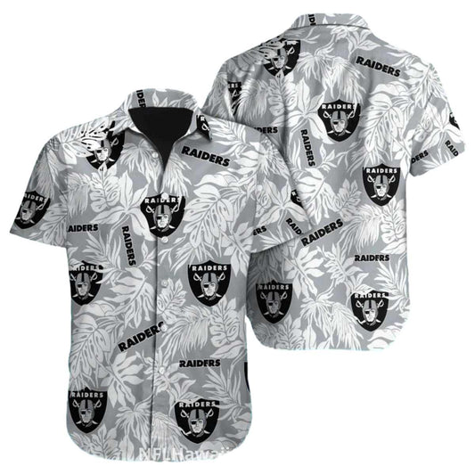 Las Vegas Raiders Logo And Gray Tropical Leaves Hawaiian Shirt - Moonbestprint