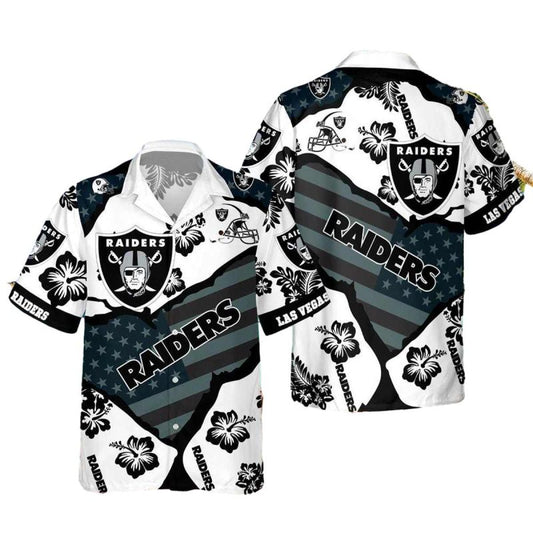 Las Vegas Raiders Logo Hibiscus And Us Flag Pattern Hawaiian Shirt - Moonbestprint