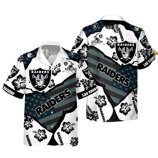 Las Vegas Raiders Logo Hibiscus And Us Flag Pattern Hawaiian Shirt - Moonbestprint