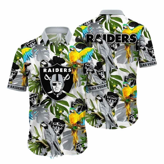 Las Vegas Raiders Parrot And Tropical Leaf Hawaiian Shirt - Moonbestprint