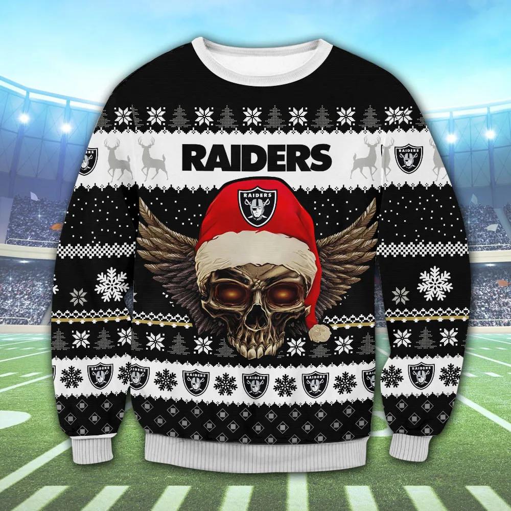 Las Vegas Raiders Santa Skull Wings Nfl Ugly Christmas Sweater, NFL Christmas Sweater Moonbestprint