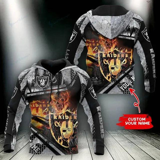 Las Vegas Raiders Skelenton Fire Personalized 3D Hoodie, NFL Hoodie Moonbestprint