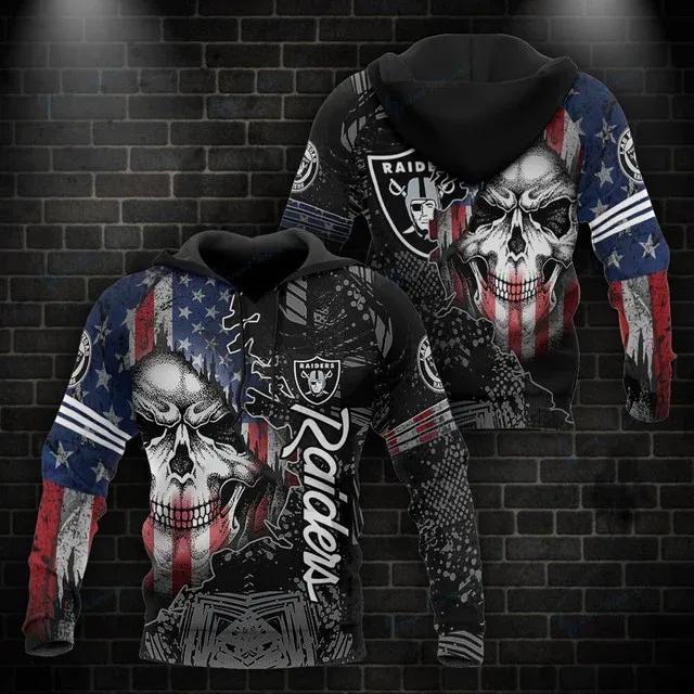 Las Vegas Raiders Skull American Flag 3D Hoodie, NFL Hoodie Moonbestprint