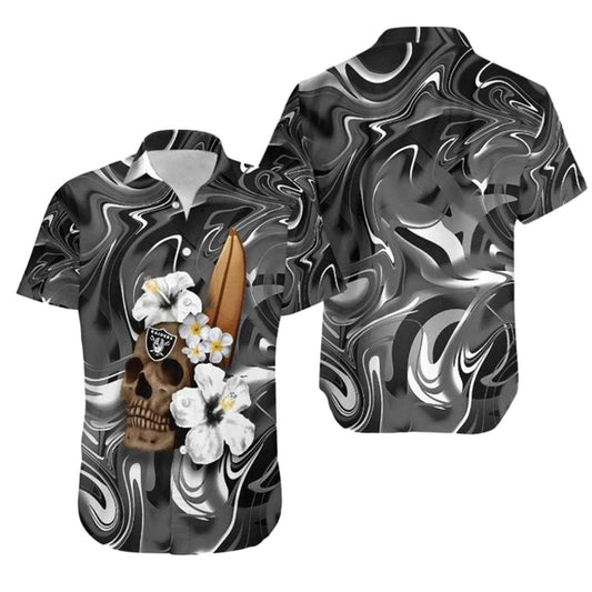 Las Vegas Raiders Skull Flowers And Surfboard Hawaiian Shirt - Moonbestprint