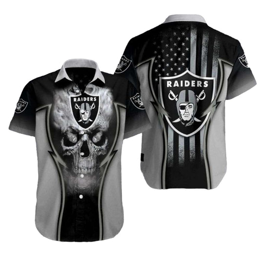 Las Vegas Raiders Smokes Skull And Us Flag Hawaiian Shirt - Moonbestprint