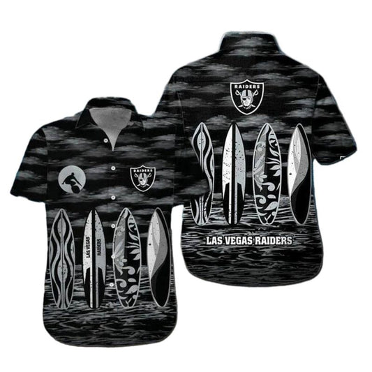 Las Vegas Raiders Surfboard Black Silver Hawaiian Shirt - Moonbestprint