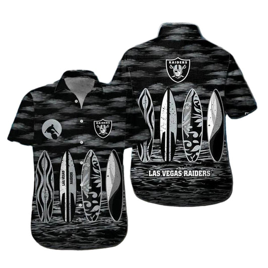 Las Vegas Raiders Surfboard Black Silver Hawaiian Shirt - Moonbestprint