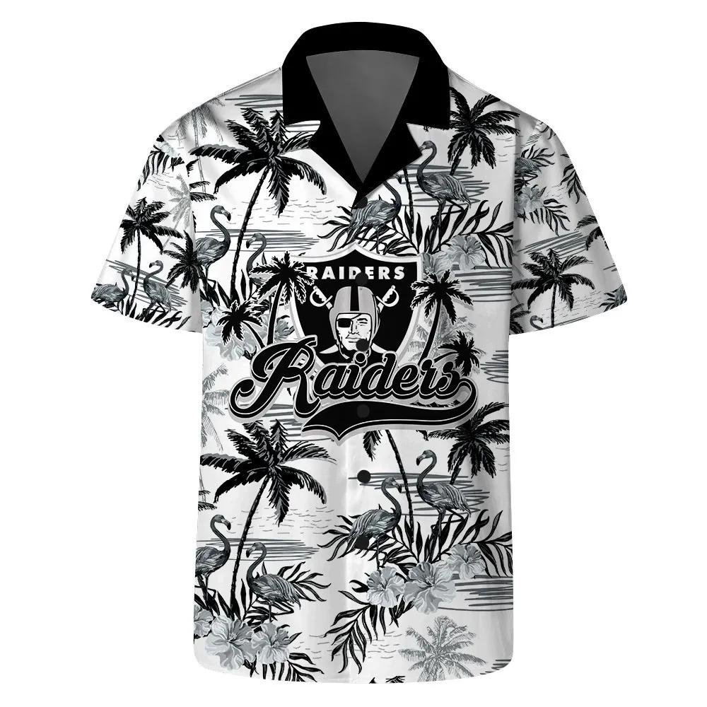 Las Vegas Raiders Team Logo Pattern Flamingo Hibiscus Hawaiian Shirt, NFL Hawaiian Shirt Moonbestprint