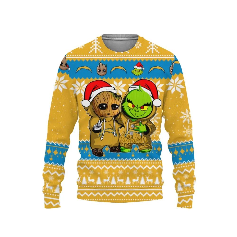 Los Angeles Chargers Baby Groot And Grinch Best Friends Ugly Christmas Sweater, NFL Christmas Sweater Moonbestprint