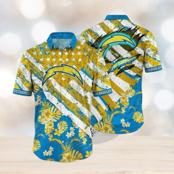 Los Angeles Chargers Gold Flowers Blue Hawaiian Shirt, NFL Hawaiian Shirt Moonbestprint