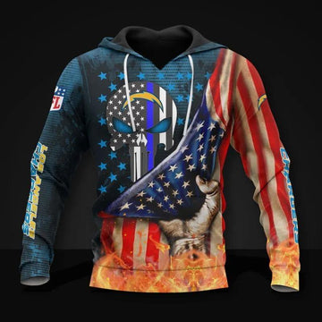 Los Angeles Chargers Skull American Flag All Over Print Hoodie, NFL Hoodie Moonbestprint