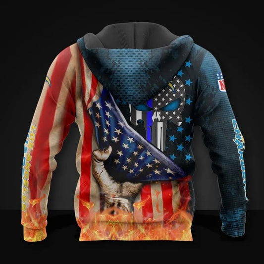 Los Angeles Chargers Skull American Flag All Over Print Hoodie, NFL Hoodie Moonbestprint