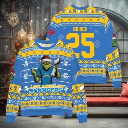 Los Angeles Chargers x Grinch Christmas Dr. Seuss How the Grinch Stole Christmas with Super Bowl Trophy Custom Ugly Christmas Sweater, NFL Chritsmas Sweater Moonbestprint