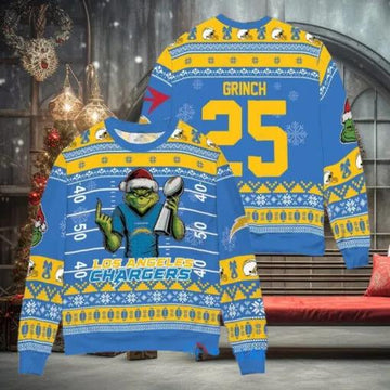 Los Angeles Chargers x Grinch Christmas Dr. Seuss How the Grinch Stole Christmas with Super Bowl Trophy Custom Ugly Christmas Sweater, NFL Chritsmas Sweater Moonbestprint