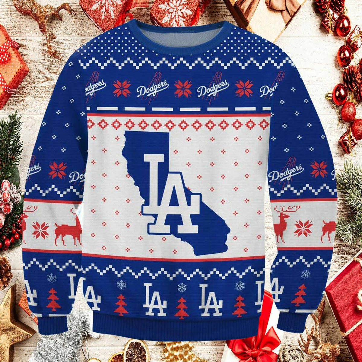 Los Angeles Dodgers Big Logo Ugly Christmas Sweater, MLB Christmas Sweater Moonbestprint